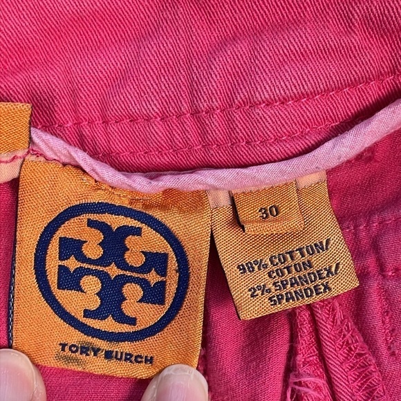 Tory Burch Mid Rise Cuffed Chino Jean Shorts Pink Gold Tone Medallion Buttons 30 - Picture 4 of 9